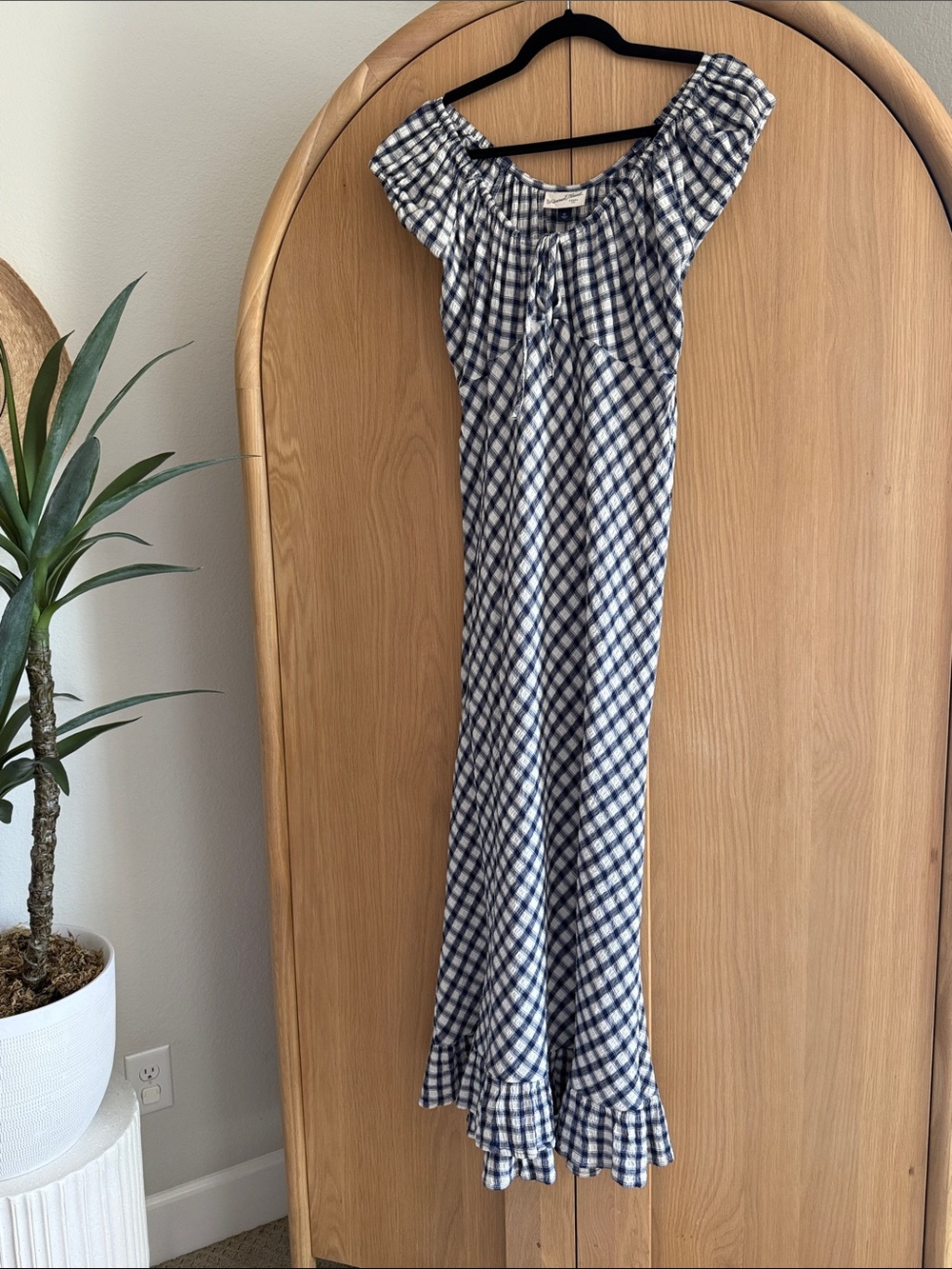 Universal Thread Navy and White Gingham Off-Shoulder Maxi Dress
